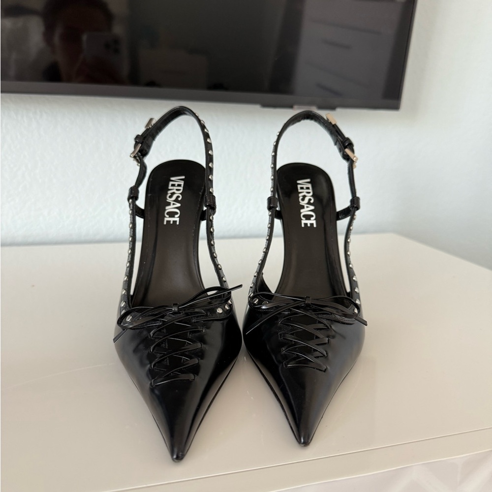 Versace Black Patent Leather Pointed Toe Slingback Heels